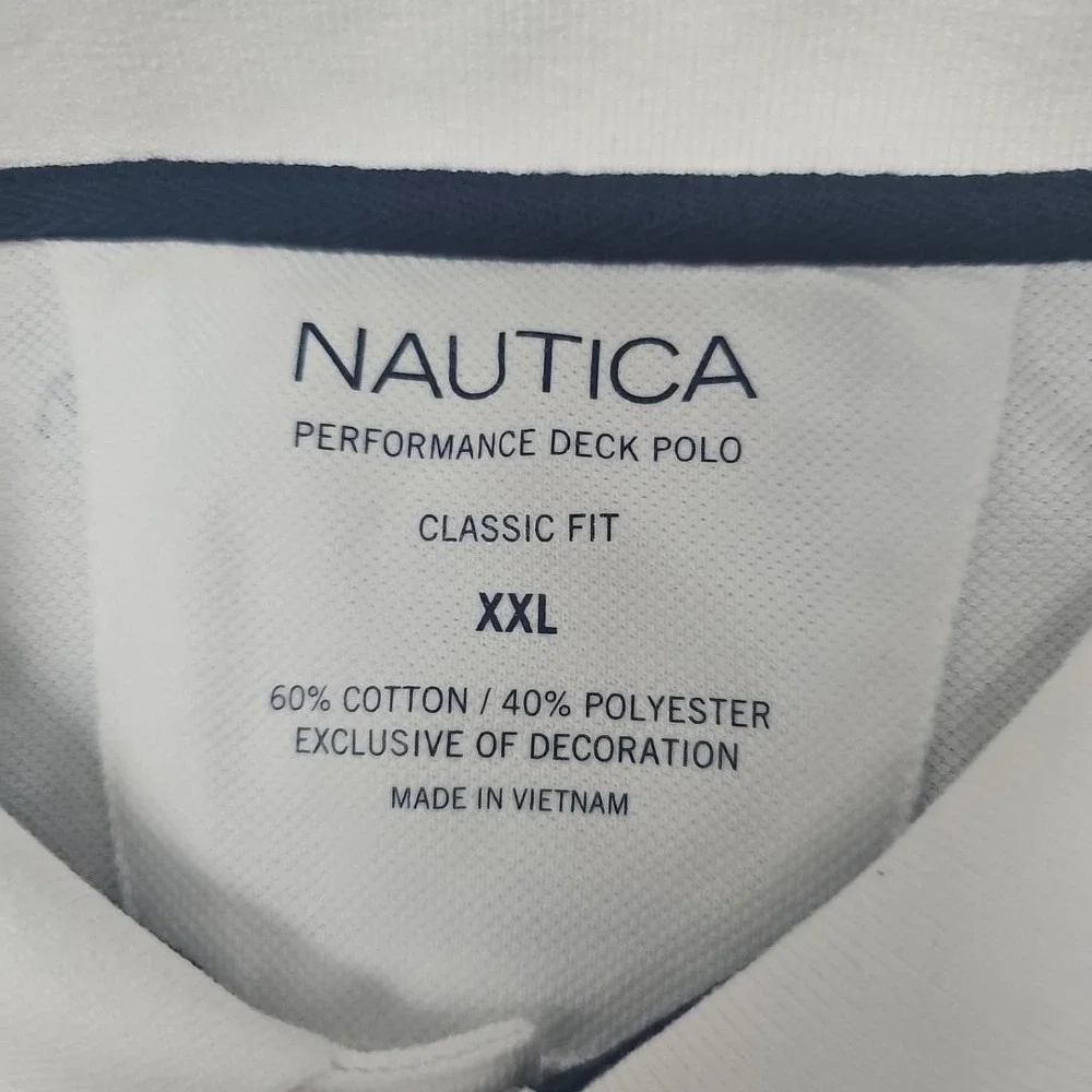 Nautica Performance Deck Polo Men XXL Shirt White Blue Anchor Nautical Print AOP
